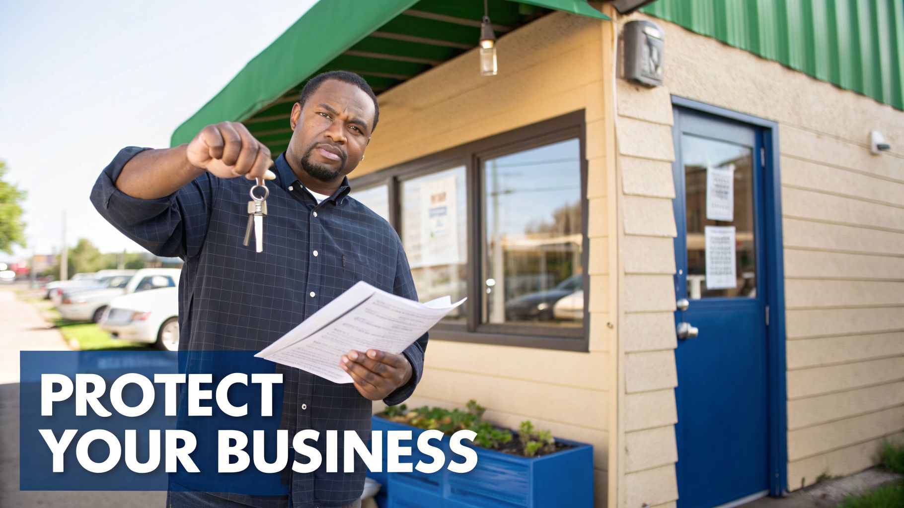 A serious man holds keys and documents in front of his small business with a 'Protect Your Business' overlay.