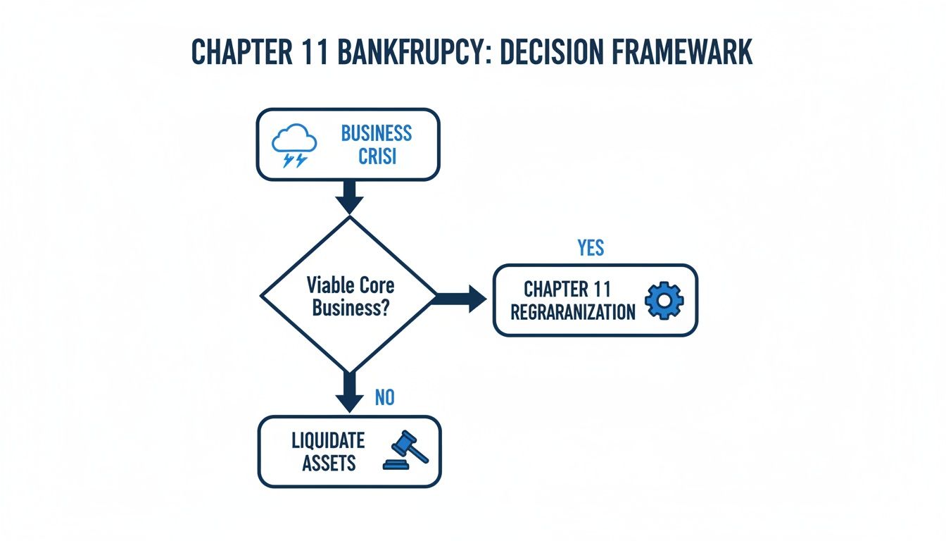 A flowchart illustrating the Chapter 11 bankruptcy decision framework from business crisis to reorganization or liquidation.