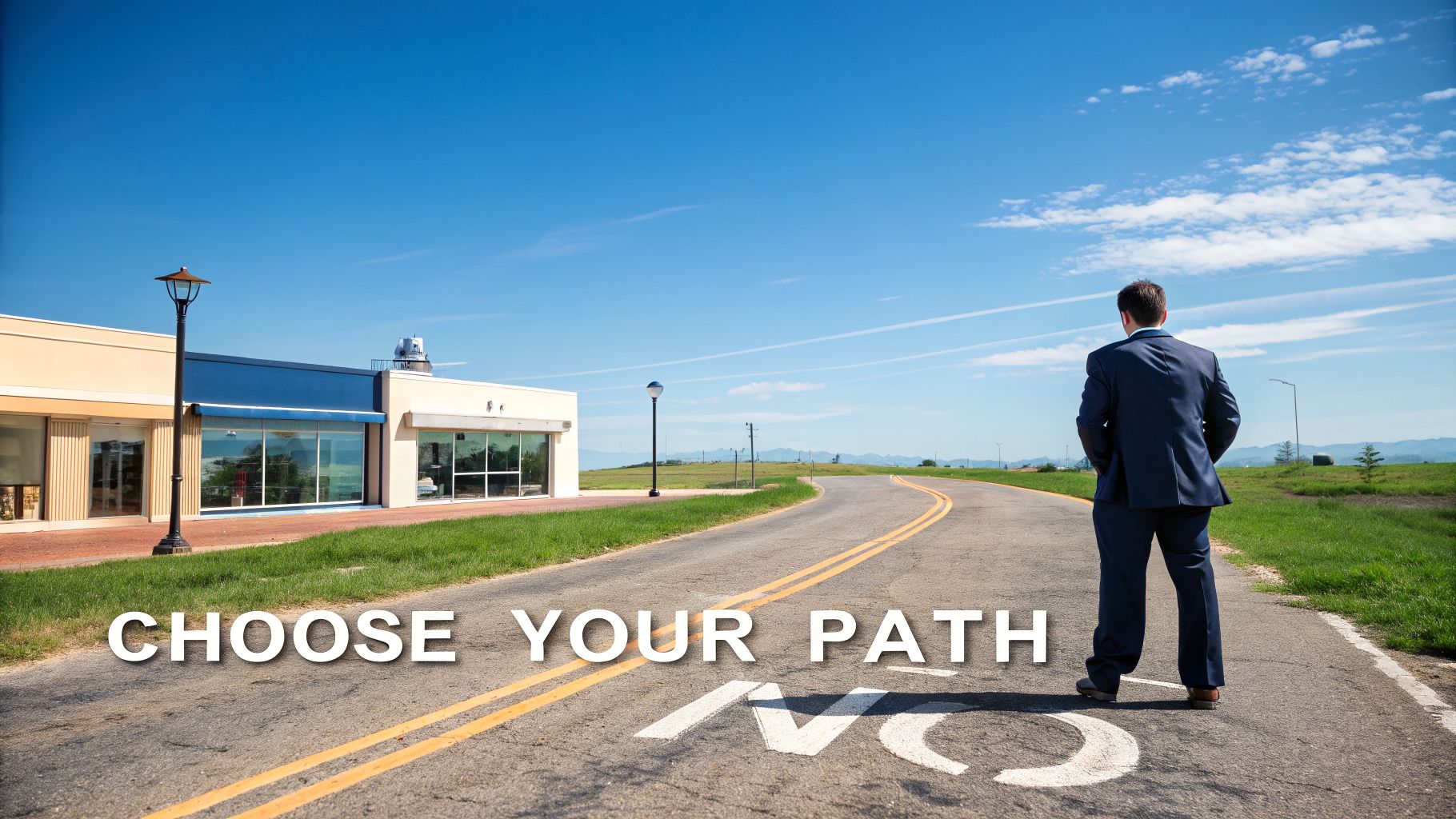 A businessman stands on a road with 'CHOOSE YOUR PATH' text, contemplating the future.