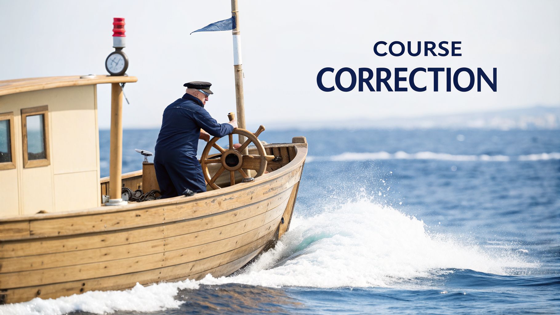 A captain in a blue uniform steers a wooden boat through the ocean, creating white waves.