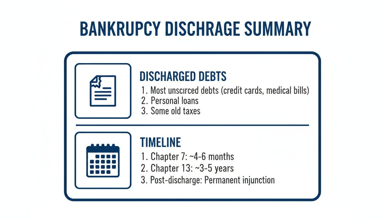 An infographic summarizing bankruptcy discharge, detailing types of debts discharged and the timelines for Chapter 7 and Chapter 13.