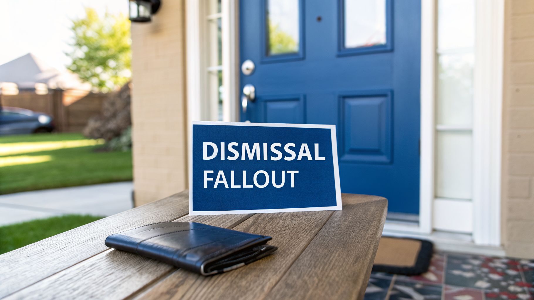 A blue sign reading 'DISMISSAL FALLOUT' on a wooden table with a wallet.