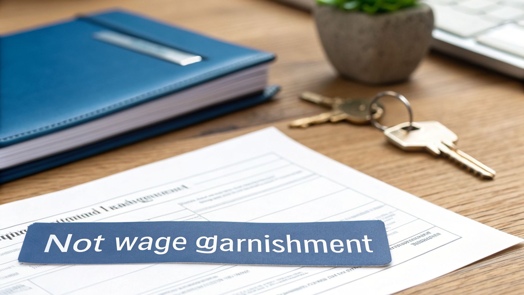 A document with a blue tab clearly stating 'Not wage garnishment' on a wooden desk with a notebook and keys.