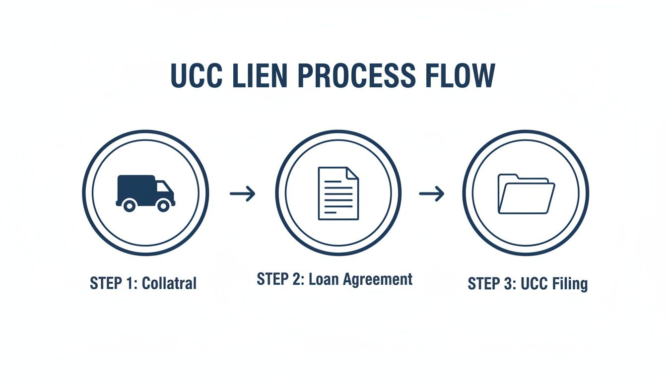 A three-step process flow diagram illustrating a UCC lien with collateral, loan agreement, and UCC filing.