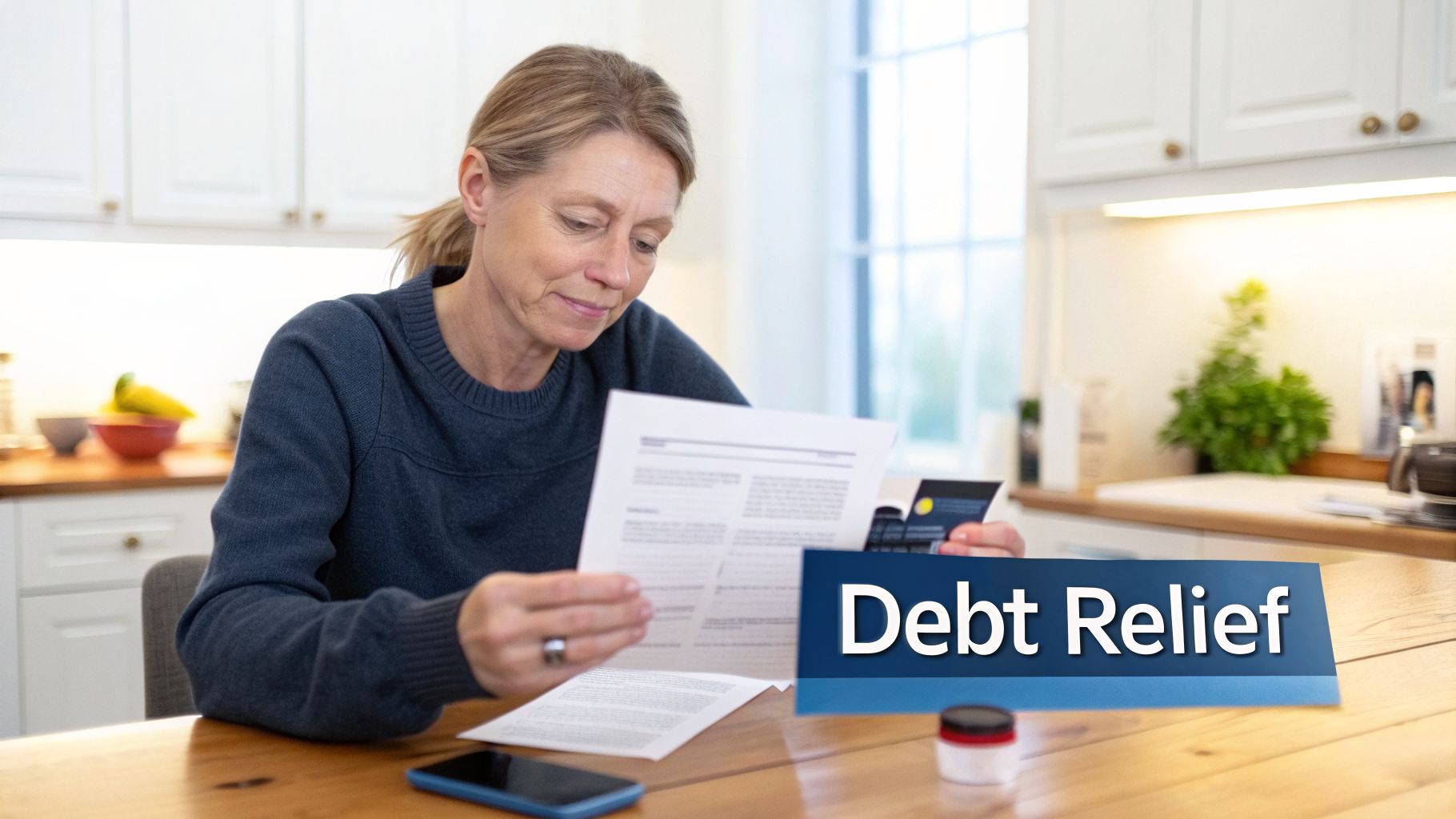 A woman reviews financial documents and a credit card at a table, with a 'Debt Relief' sign.