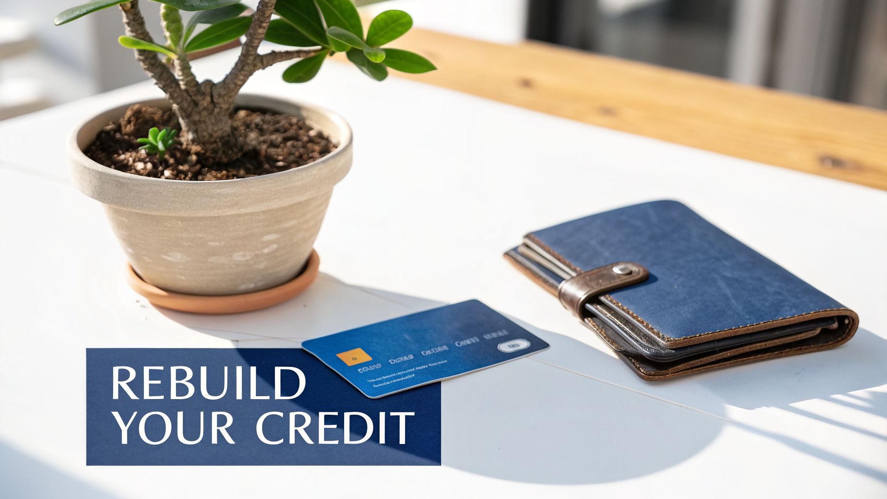 A small potted plant, a blue credit card, and a wallet on a white table with “REBUILD YOUR CREDIT” text.