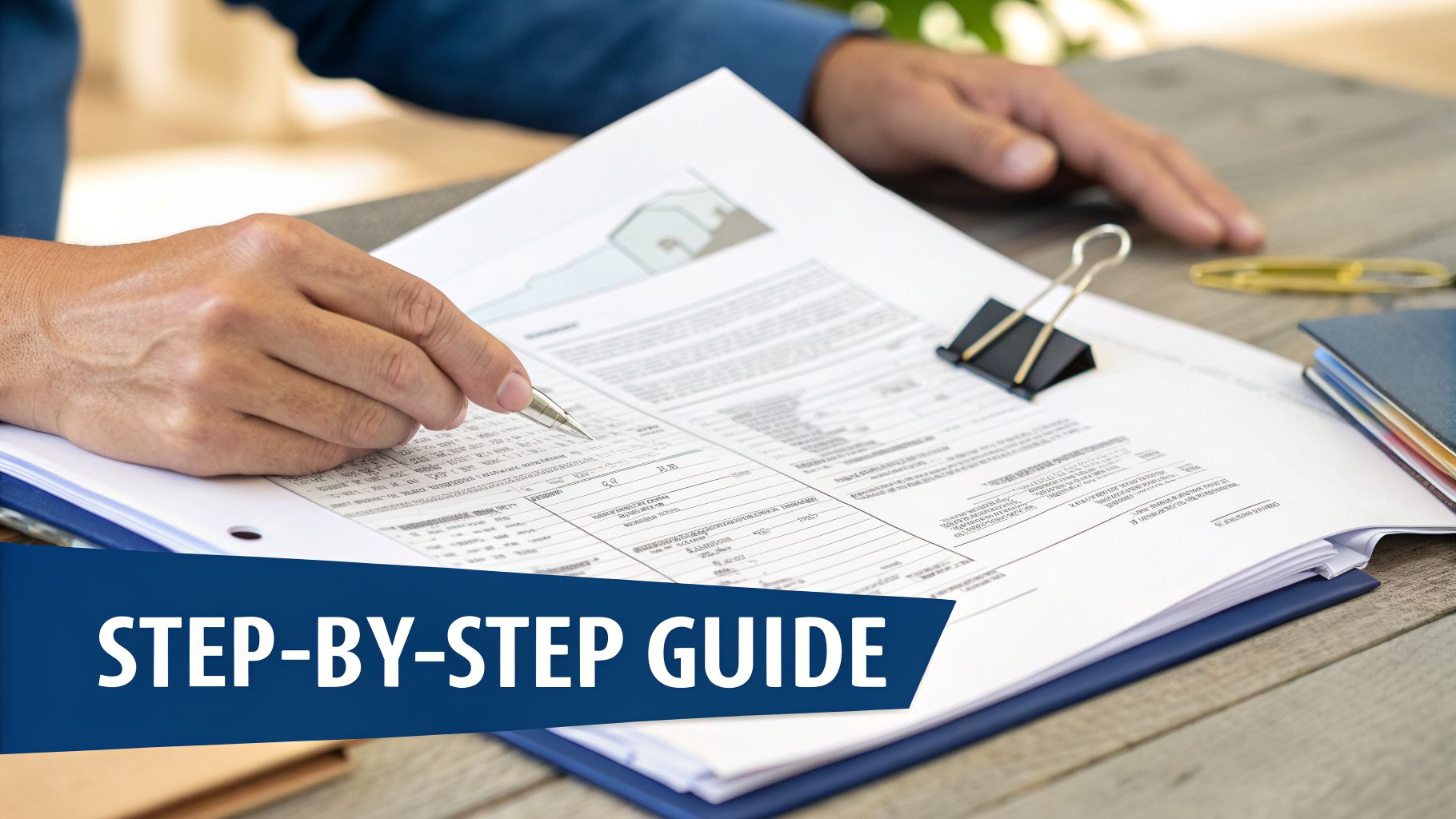 Hands reviewing a step-by-step guide on documents, possibly for financial or legal processes.
