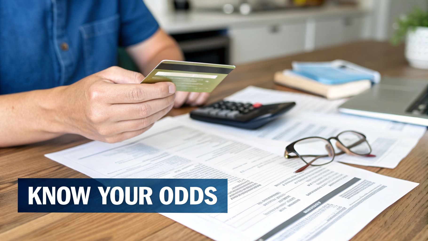 Person's hands holding a credit card over financial documents, calculator, and glasses on a wooden desk.