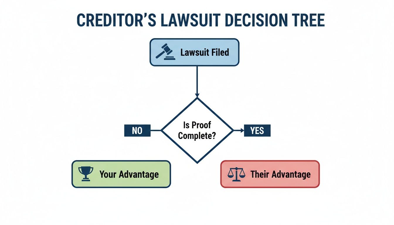 A creditor's lawsuit decision tree showing outcomes based on the completeness of proof.