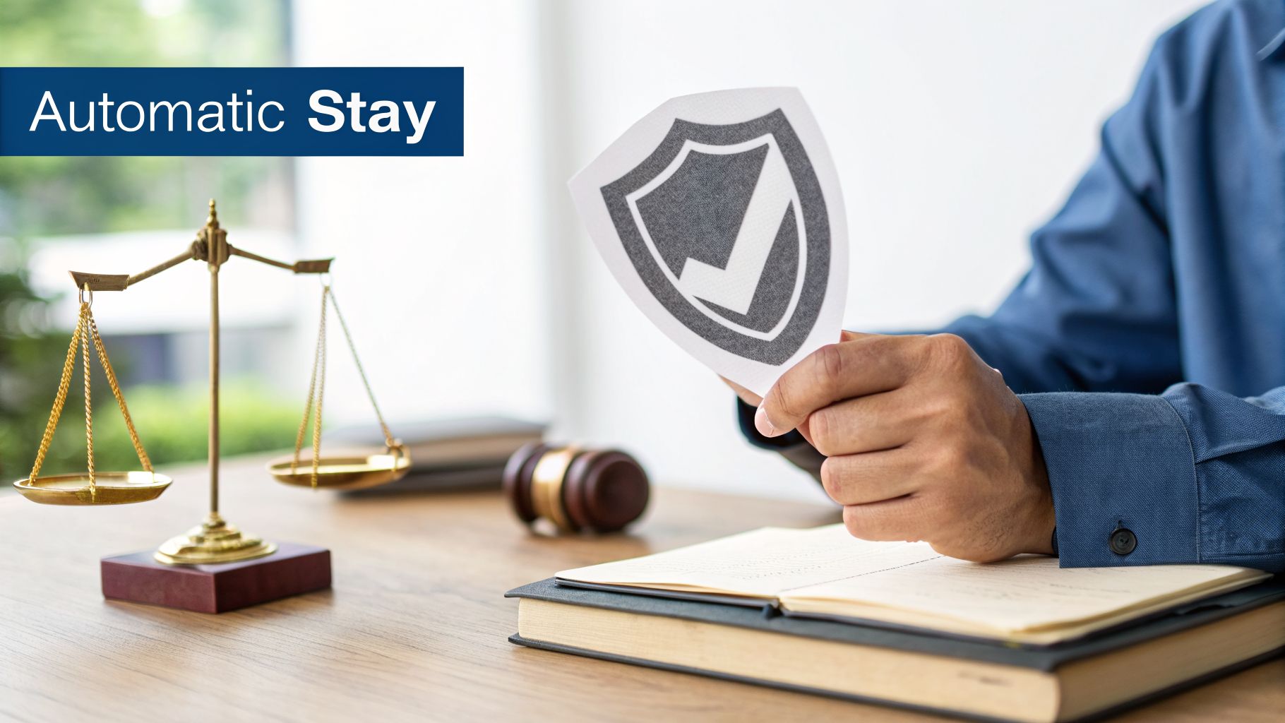 Lawyer with a shield and checkmark, scales of justice, gavel, and books on a desk, with 'Automatic Stay' text.