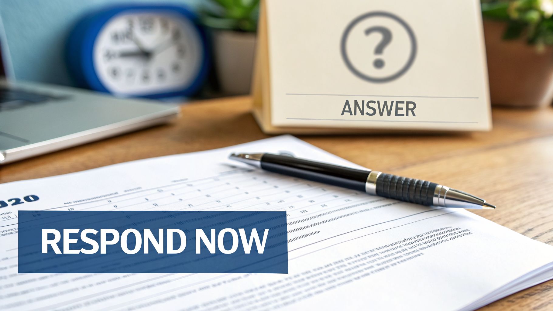 Desk setup with a laptop, clock, document, pen, and a calendar sign saying 'ANSWER' and 'RESPOND NOW'.