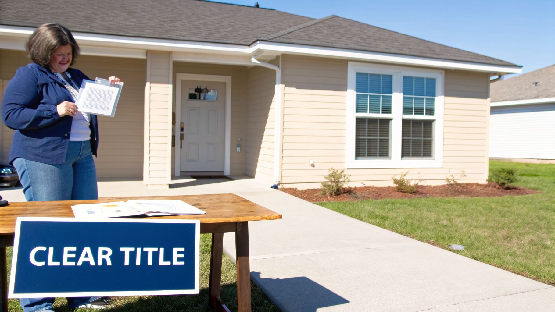 A woman holds documents in front of a new house, next to a 'CLEAR TITLE' sign.