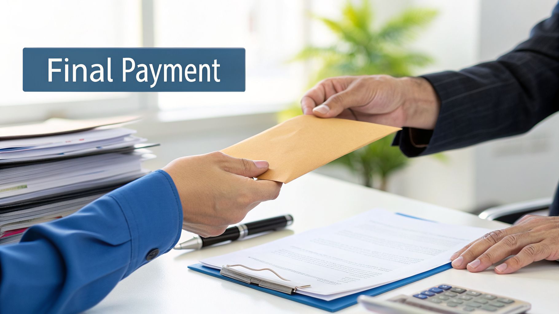 Two people exchanging a brown envelope on a desk with documents, a pen, and a calculator, labeled 'Final Payment'.