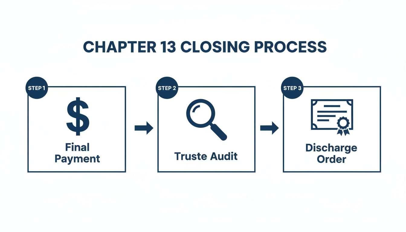 A flowchart detailing the Chapter 13 closing process with three steps: final payment, trustee audit, and discharge order.