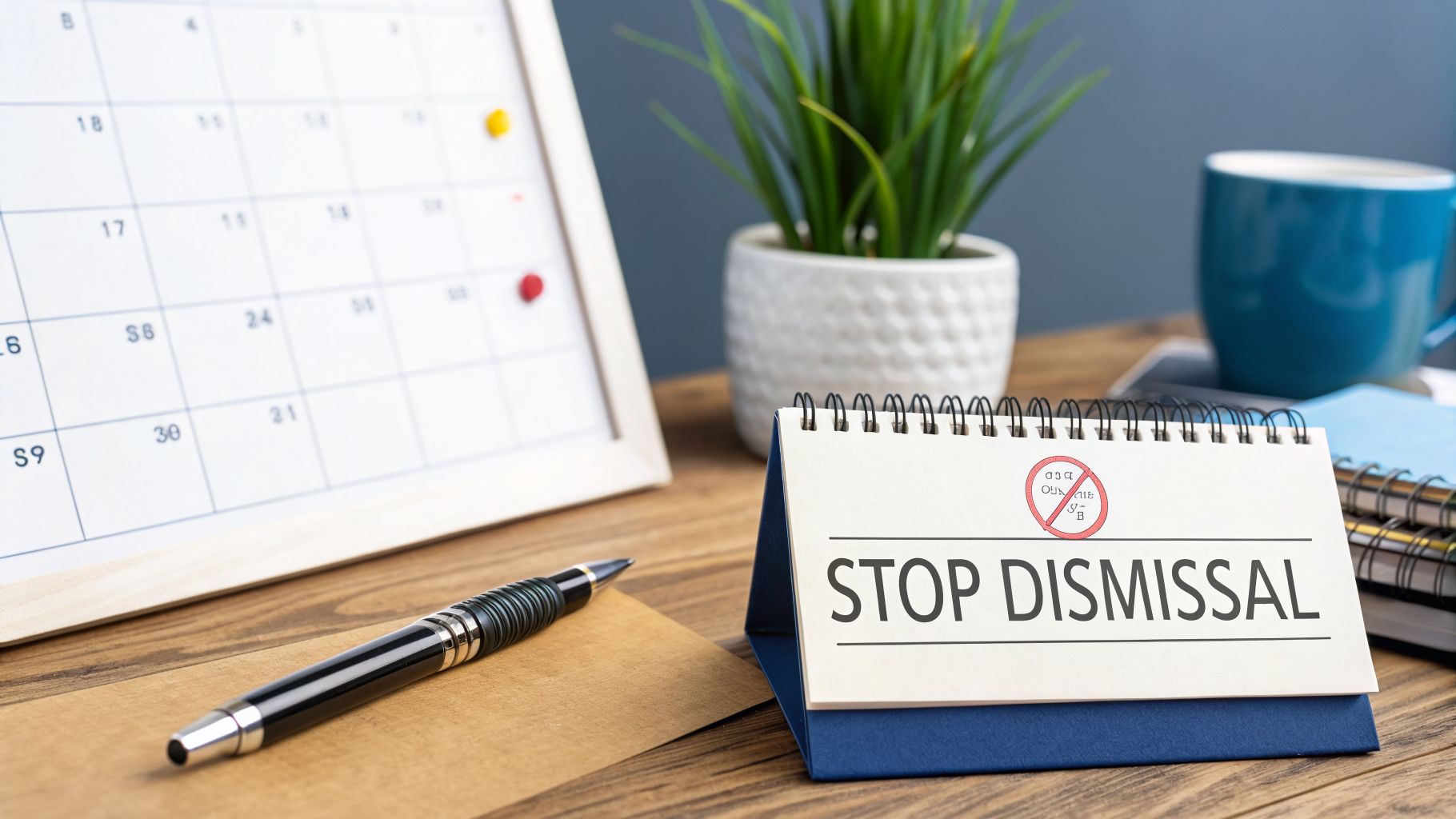 A desk with a calendar, pen, and a sign saying 'STOP DISMISSAL' for job security.