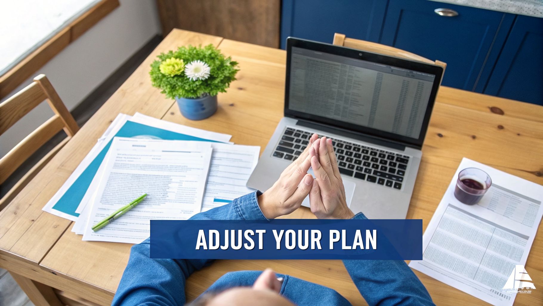 Overhead view of a person at a wooden desk with a laptop, documents, and clasped hands, with 'ADJUST YOUR PLAN' text.