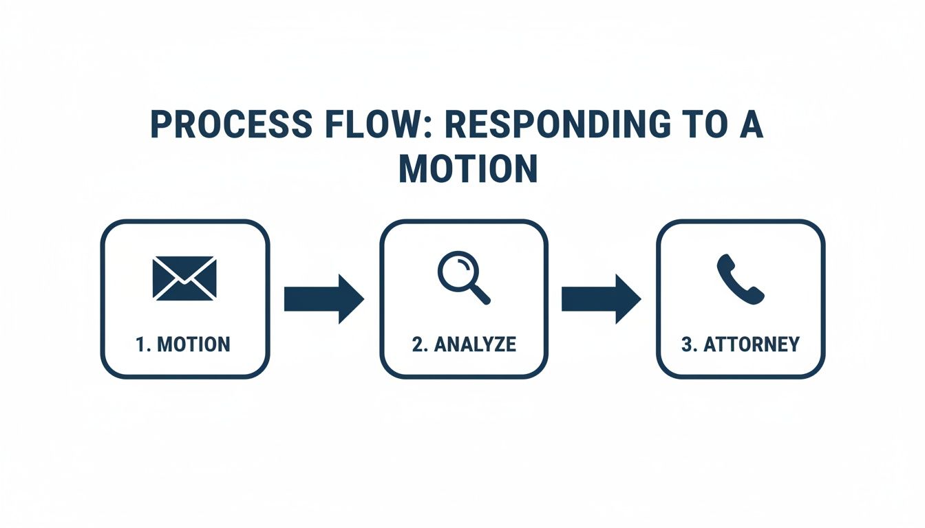 A process flow diagram showing three steps: 1. Motion, 2. Analyze, 3. Attorney, for responding to a motion.