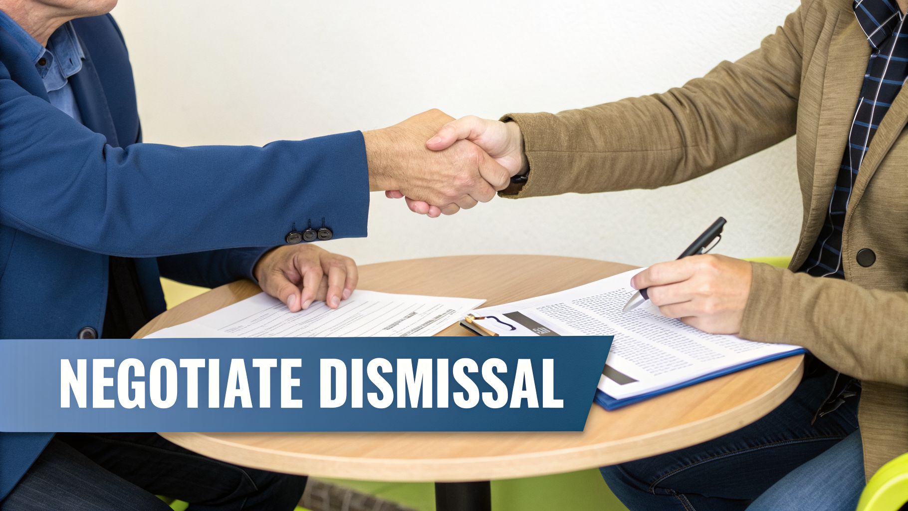 Two people shaking hands across a table with documents, text overlay reads 'NEGOTIATE DISMISSAL'.