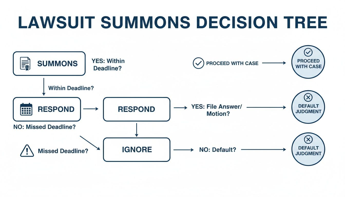 A decision tree flowchart for responding to a lawsuit summons, outlining paths for timely response, filing motions, or facing default judgment.