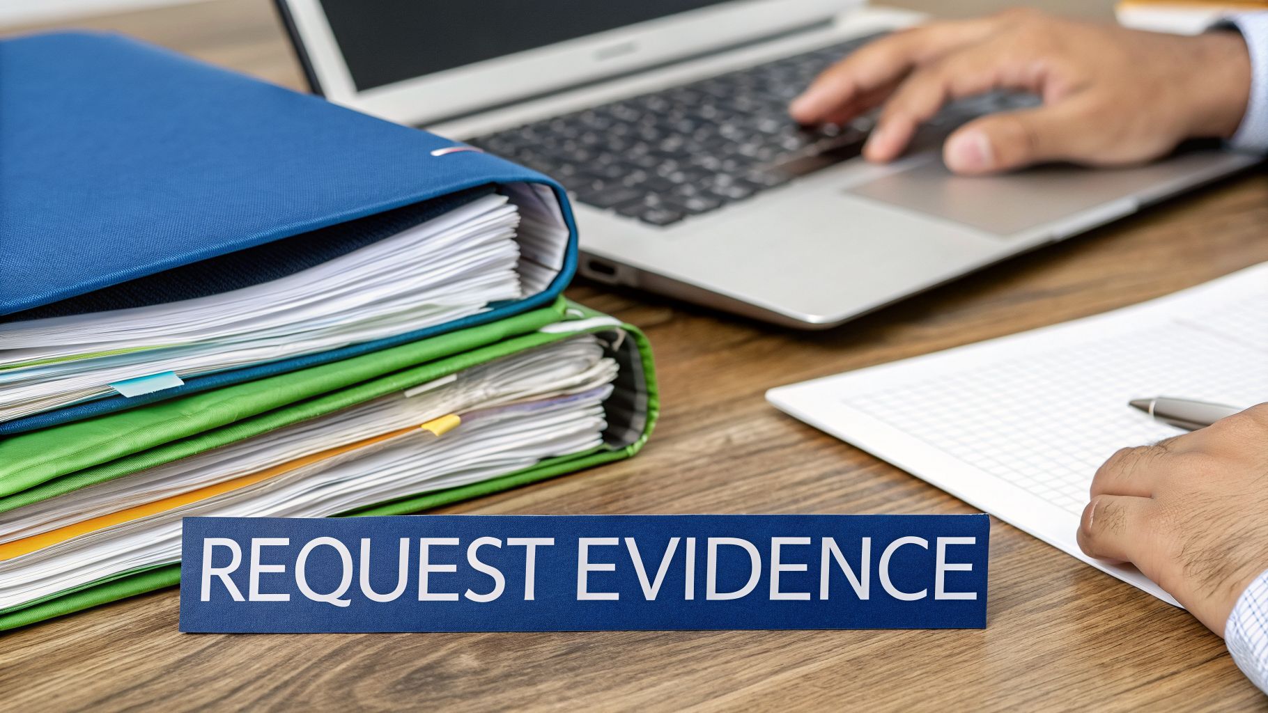 A person works on a laptop next to stacked files and a 'REQUEST EVIDENCE' sign on a wooden desk.