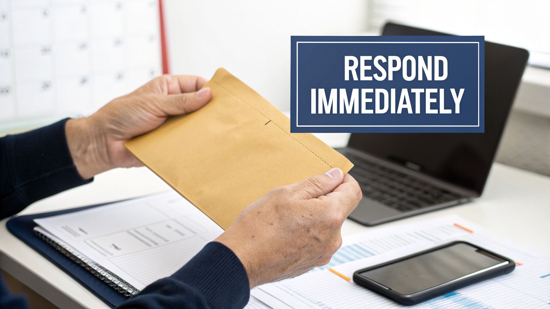 A person holds a brown envelope, with a blue sign overlay saying 'RESPOND IMMEDIATELY'.
