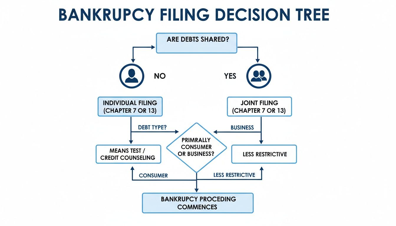 Decision tree outlining the steps for bankruptcy filing based on shared debt and debt type.