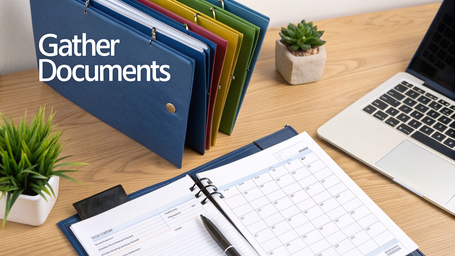 A wooden desk with colorful folders, a laptop, a planner, pen, and plants, with the text 'Gather Documents'.