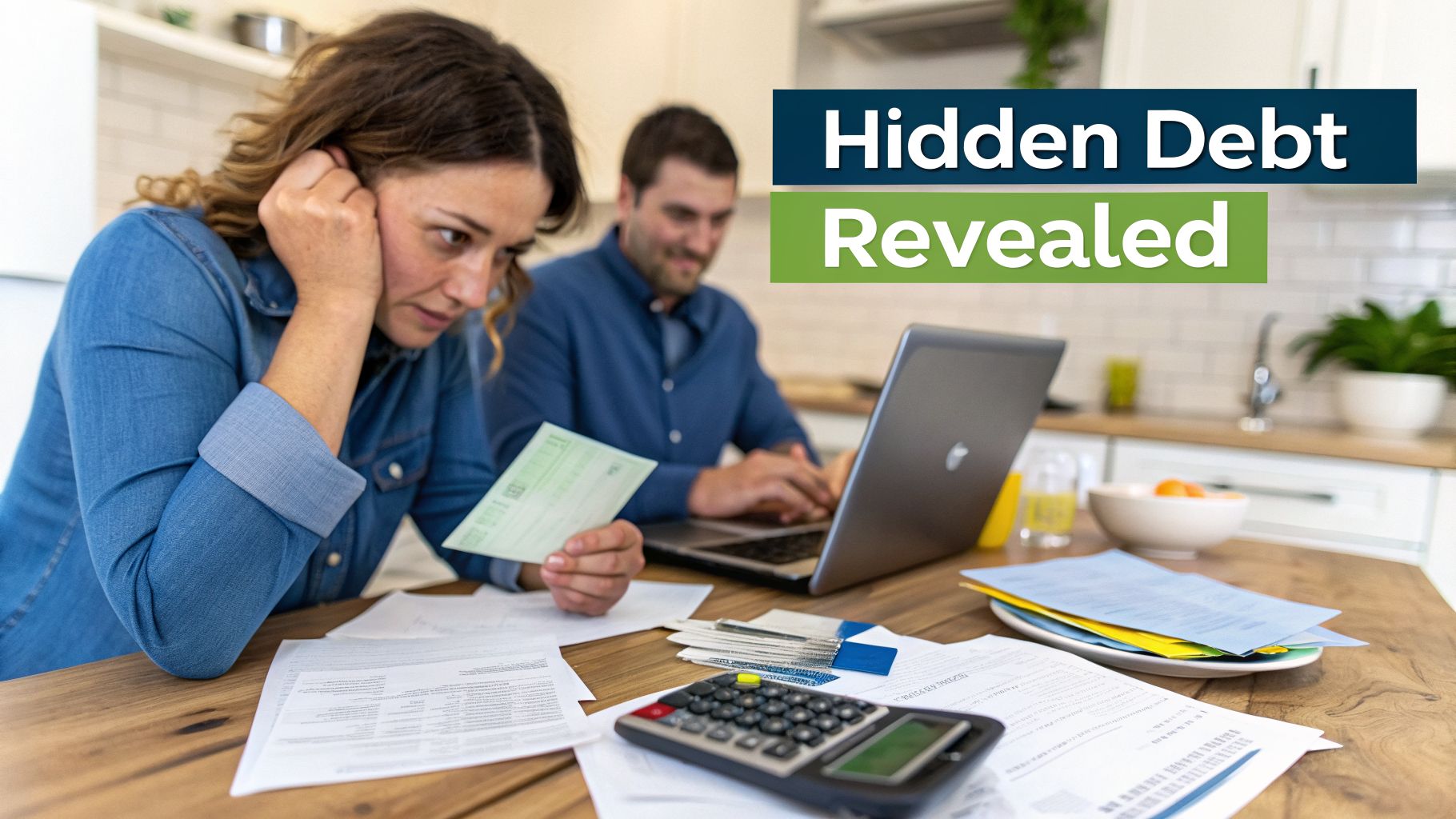A worried woman holds a bill while a man works on a laptop, surrounded by financial documents in a kitchen.