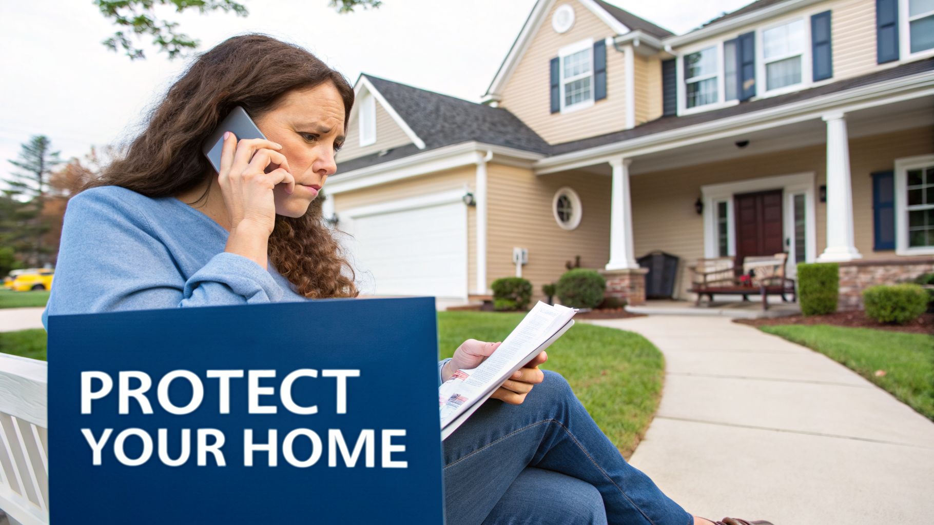 A concerned woman talks on the phone outside her home, next to a 'PROTECT YOUR HOME' sign.