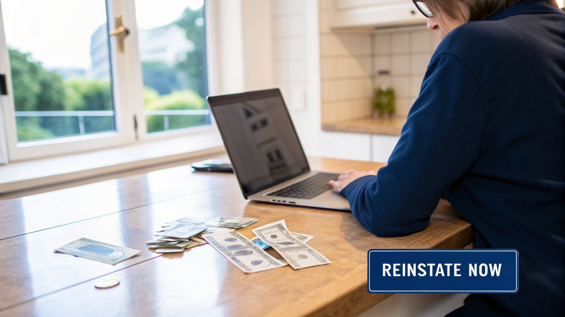 A person works on a laptop at a wooden table with scattered cash, managing finances.