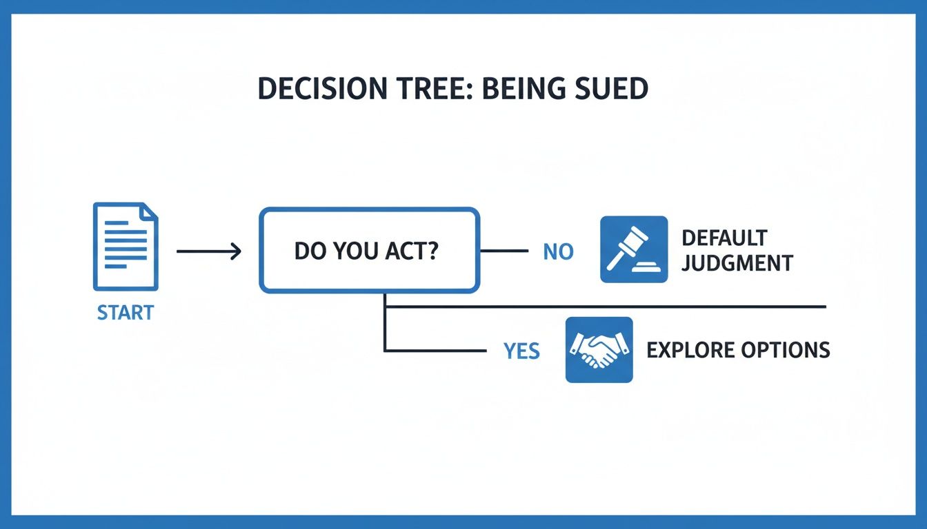 Decision tree flowchart showing options when being sued: act or face default judgment, or explore options.