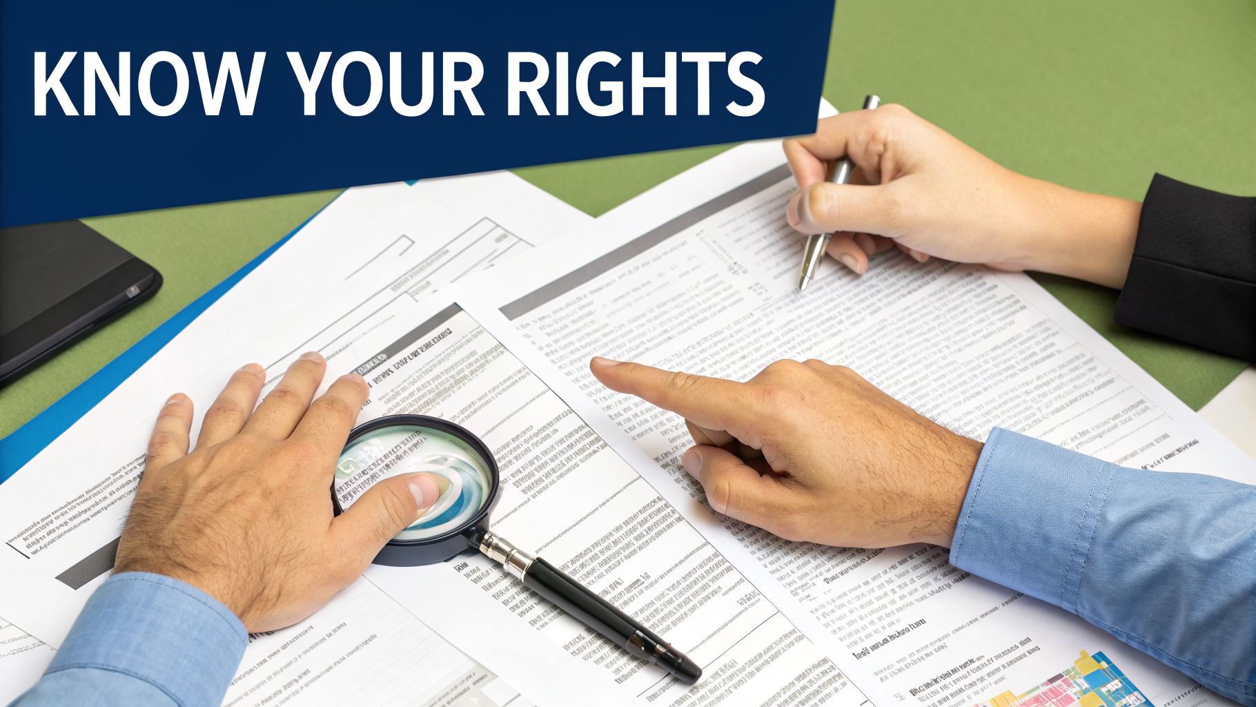 Professionals examine documents with a magnifying glass and pen, emphasizing 'KNOW YOUR RIGHTS'.