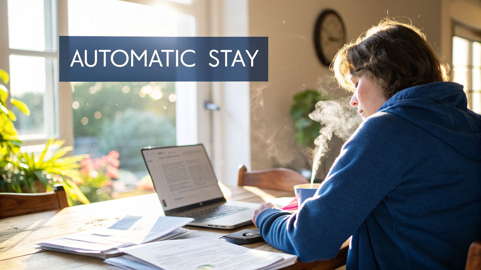 A young man works on a laptop at a sunlit wooden table with papers and a steaming mug.